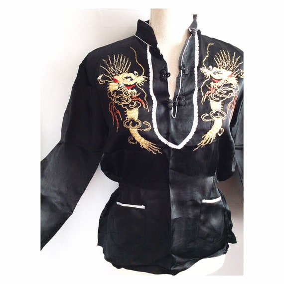 Vintage pyjamas - black satin pjs - embroidered bl