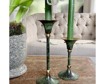 Set Brass Candlesticks – Mottled Green Finish, Vintage Pair