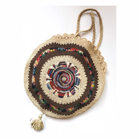 Woven raffia bag - boho handbag - round woven bag… - image 1