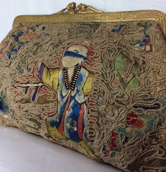 Embroidered oriental clutch - vintage handbag - e… - image 2