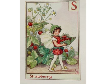 Small vintage print - flower fairy print - strawberry print - fantasy art - Cicely Mary Barker - A Flower Fairy Alphabet print - cottagecore