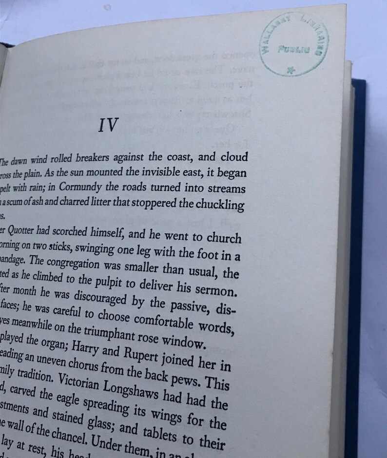 May include: A black and white printed page from a book with the Roman numeral IV at the top of the page. The text on the page describes a man who is injured and goes to church. The text is from a novel.