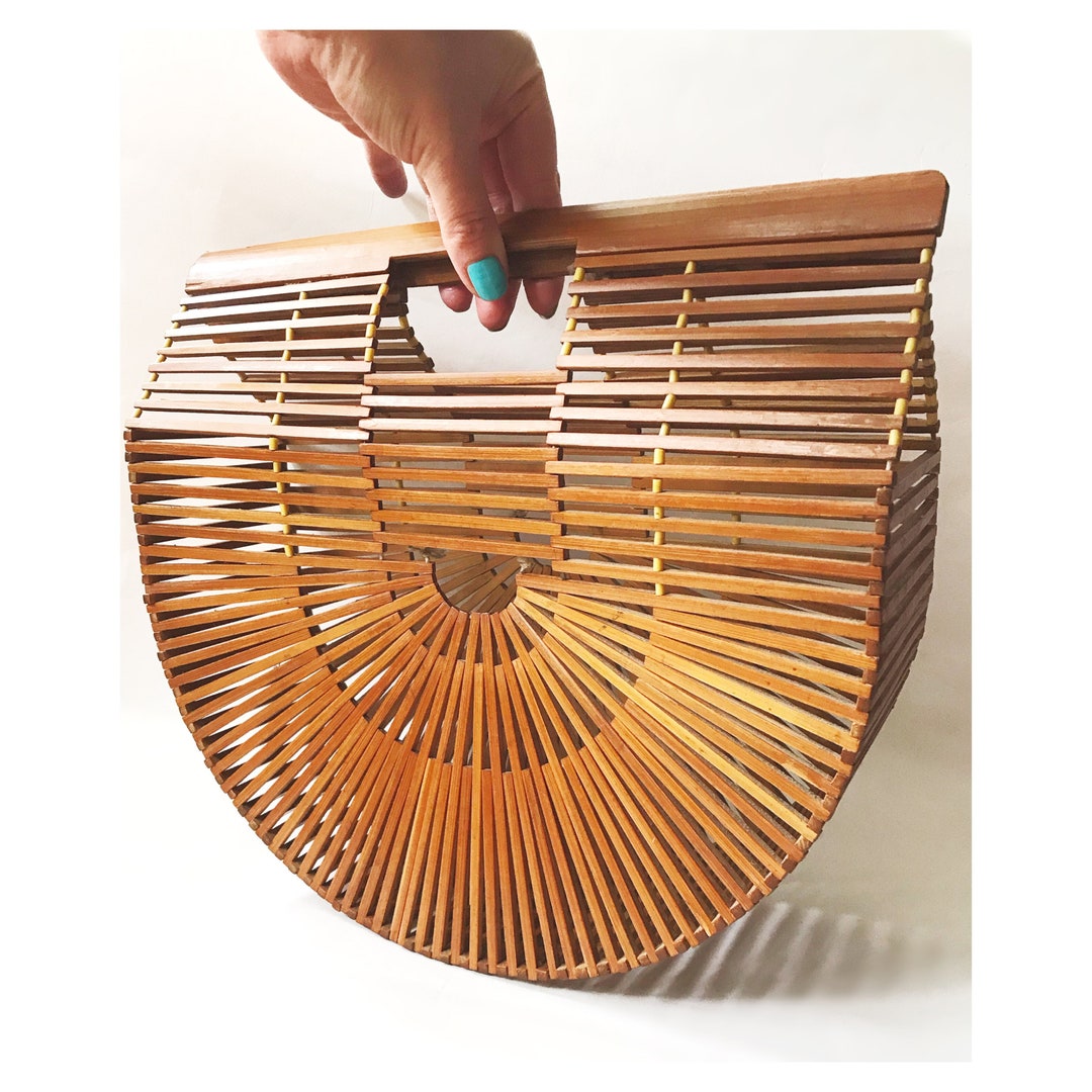 Vintage Bamboo Slat Bag Bird Cage Handbag Half Moon Wooden Etsy UK