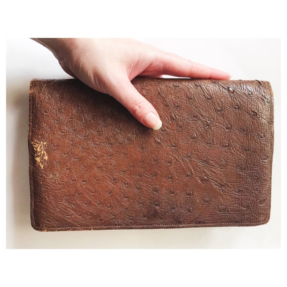 Vintage clutch bag - brown leather bag - ostrich … - image 1