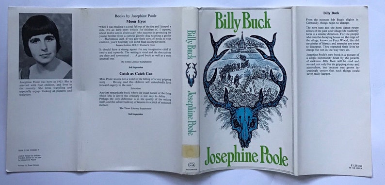 May include: A vintage book cover with a green and blue illustration of a deer skull with antlers. The book title is "Billy Buck" and the author is Josephine Poole.