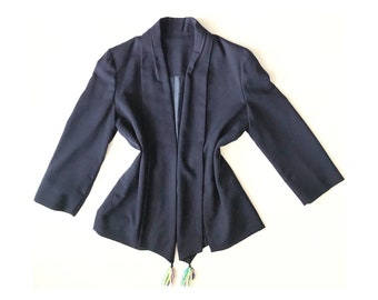 Vintage Navy Blue Tassel Jacket - 80s Waterfall Coatigan (Size M)