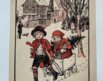 Vintage Christmas Print – Children Bringing Home the Tree (6.5” x 9”