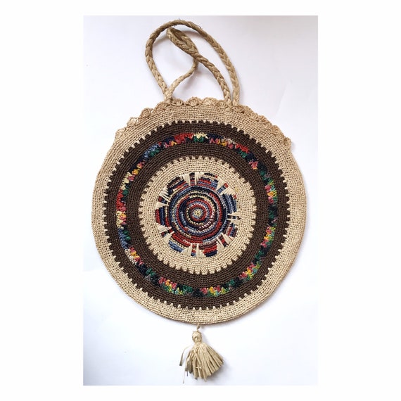 Woven raffia bag - boho handbag - round woven bag… - image 2