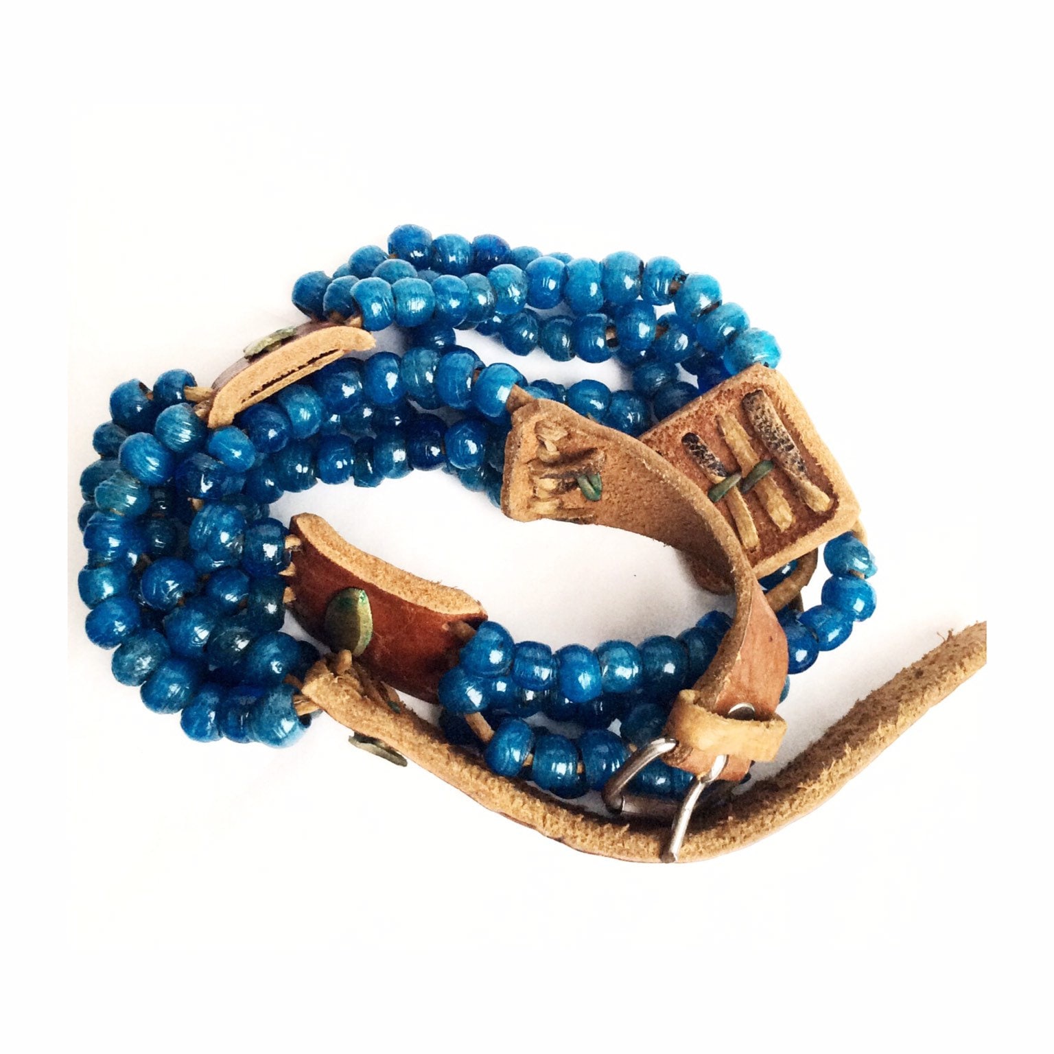Vintage Brown Leather Beaded Belt – Blue Glass, Boho Hippie 