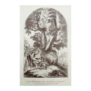 May include: A black and white engraving of Jacob wrestling with the Angel. The scene takes place in a forest with a large tree in the background. The text below the image reads "Jacob Wrestling with the Angel - By Delacroix."