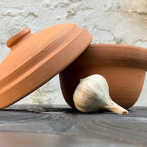 May include: A terracotta garlic roaster with a lid and a whole garlic bulb sitting on a dark wooden surface.