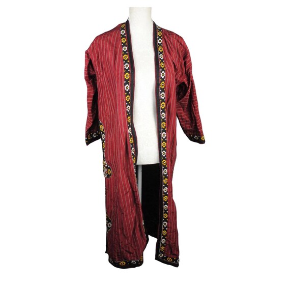 Red silk jacket - duster - embroidered coat - boho