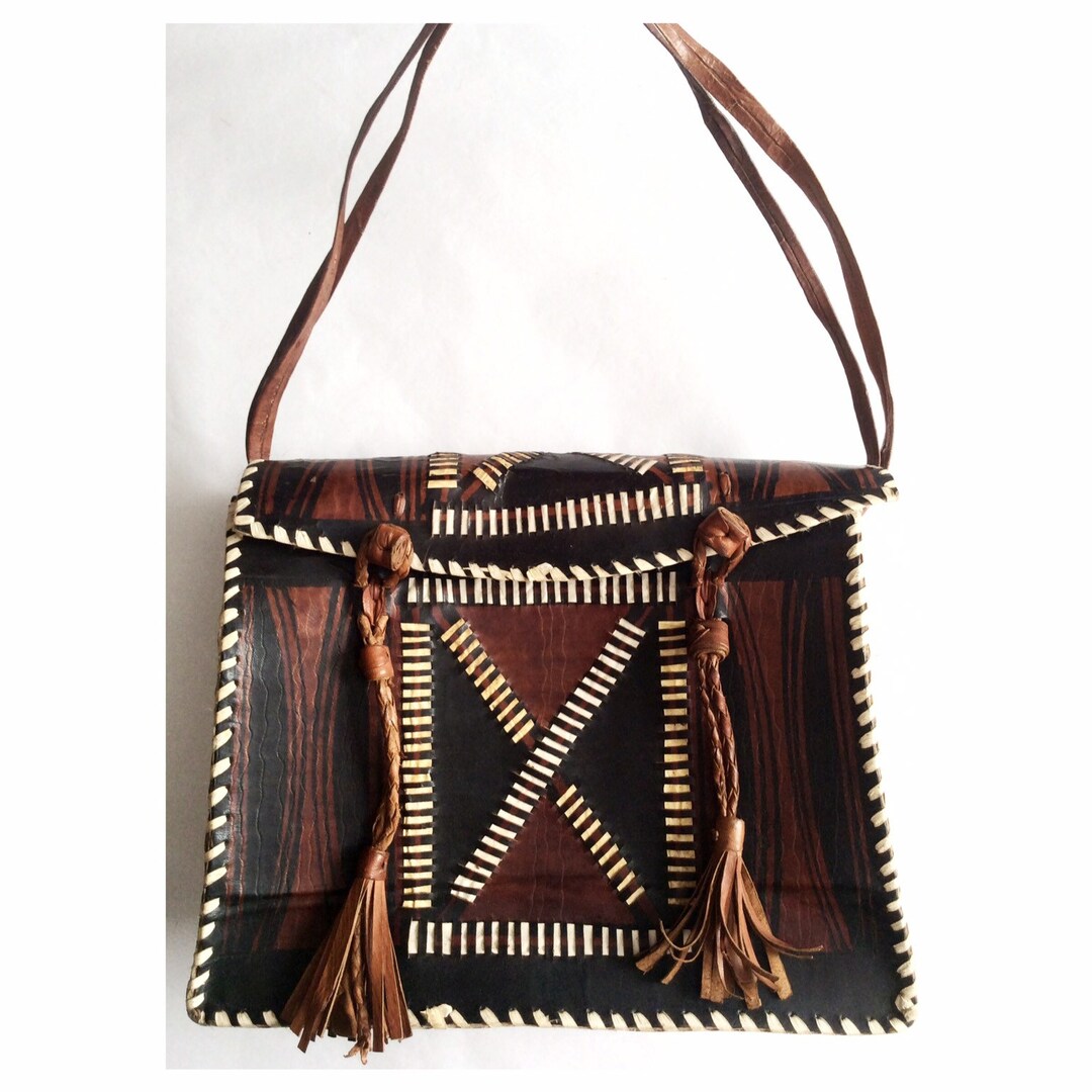 Vintage Genuine Leather Colorblocking Tassel Handbag