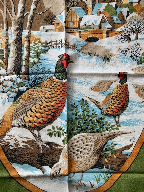 Vintage tea towel - hand towel - cotton towel - pheasants towel - Christmas tea towel - winter decor - farmhouse kitchen - cottagecore