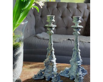 Pair of ornate candlesticks - metal candleholders - shabby chic decor