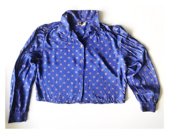 Chemisier court vintage des années 90 - Chemise boutonnée à pois bleue