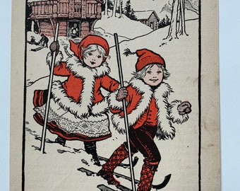 Vintage Skiing Print - Norwegian Folk Art Christmas Decor