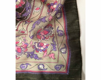Vintage 70s Floral Scarf – Metallic Thread Green Pink Shawl