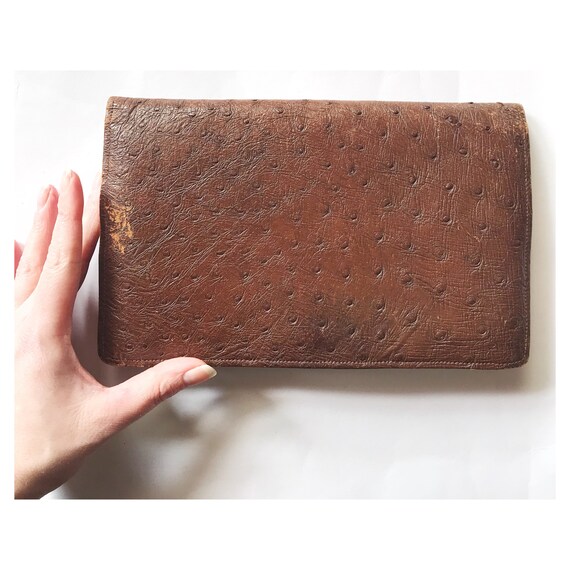 Vintage clutch bag - brown leather bag - ostrich … - image 3