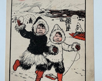 Vintage Eskimo Children Print – Snowy Winter Folk Art Decor