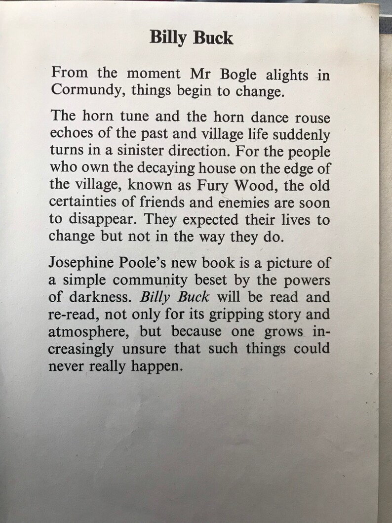 May include: A black and white image of a book cover with the title "Billy Buck" and a description of the book's plot. The book is about a simple community beset by the powers of darkness.