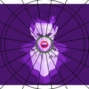 May include: A purple dartboard with a Joker face in the center. The Joker's mouth is open and he has a green circle around his face. The words "HA HA HA" are written on his chest.