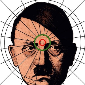 May include: A black and white target with a man's face in the center. The target has a green circle with a red circle inside, both centered on the man's forehead. The text "DARTDICKS ©" is in the upper right corner.