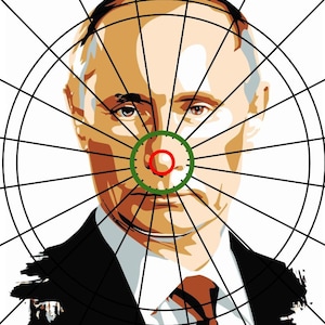 May include: A black and white target with a stylized image of a man's face in the center. The target has a red bullseye and a green outer ring.