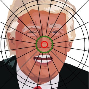 May include: Illustration of a face with a target design overlaid. The face is depicted with blonde hair, a red tie, and a black suit. The target has concentric circles and radial lines, with a red circle at the center.