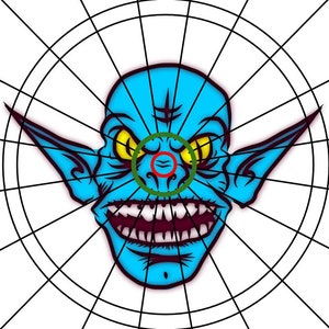 May include: A blue goblin face with yellow eyes and a wide, toothy grin. The goblin is on a white background with a black dartboard grid.