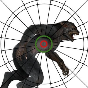 May include: A black werewolf with a snarling expression is depicted on a white target with black concentric circles. The werewolf is running to the right, with its right paw raised. The center of the target is marked with a red circle inside a green circle.
