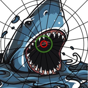 May include: A dartboard with a shark graphic. The bullseye is in the shark's mouth. The dartboard has a black and white grid pattern.