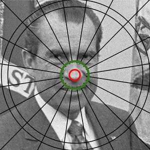May include: A black and white photo of a man's face with a target overlay. The bullseye is centered on the man's nose. The target is divided into concentric circles with a red bullseye in the center.