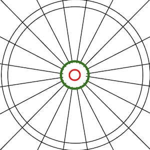 May include: A white dartboard with a black bullseye and green outer ring. The bullseye has a red center.