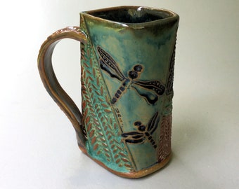 Dragonfly Pottery Coffee Mug, Hand Made Microwave and Dishwasher safe 16 oz