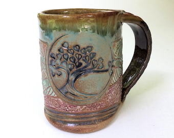 Tree of Life Pottery Mug Coffee Cup Handmade Functinal Tableware Microwave and Dishwasher safe 12 oz