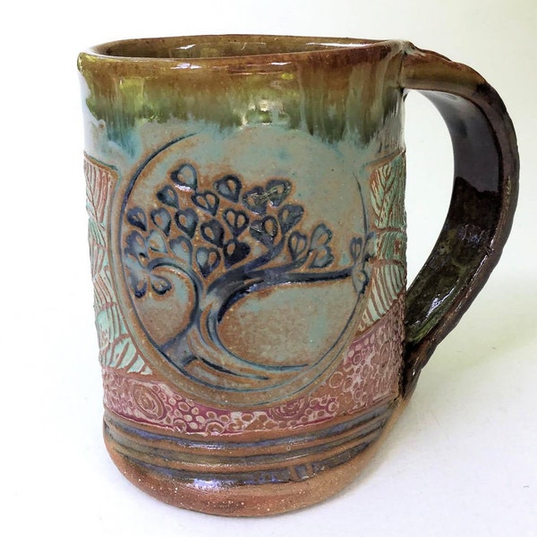 Tree of Life Pottery Mug Coffee Cup Handmade Functinal Tableware Microwave and Dishwasher safe 12 oz