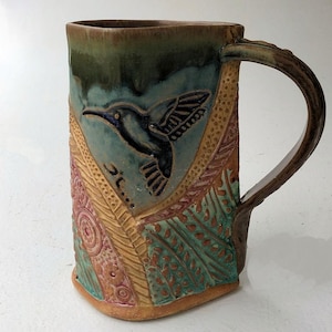 Hummingbird Pottery Mug Coffee Cup Handmade Functional Tableware Microwave and Dishwasher Safe 16 oz