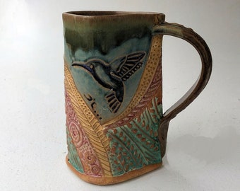 Hummingbird Pottery Mug Coffee Cup Handmade Functional Tableware Microwave and Dishwasher Safe 16 oz