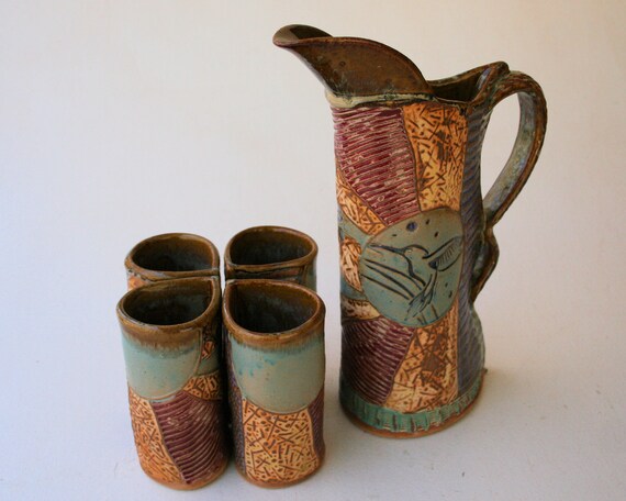 Hummingbird Design Pitcher Set With Four Cups Pottery Handmade | Etsy