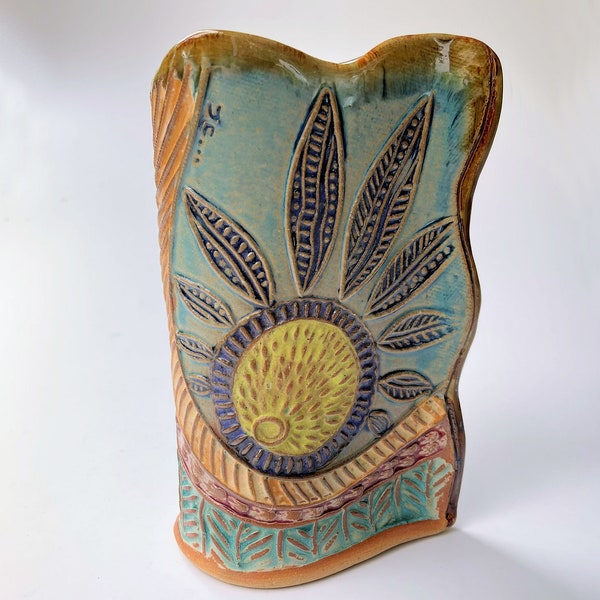 Sun Design Pottery Flower Vase Hand Made