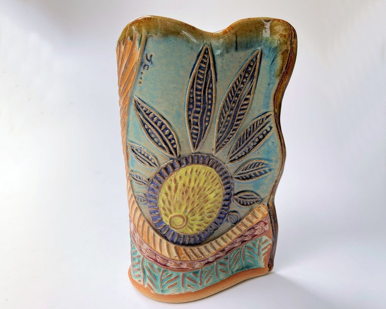 Sun Design Pottery Flower Vase Hand Made image 1