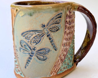 Handmade Dragonfly Pottery Mug: Artisan Coffee Cup, Nature Lover Gift