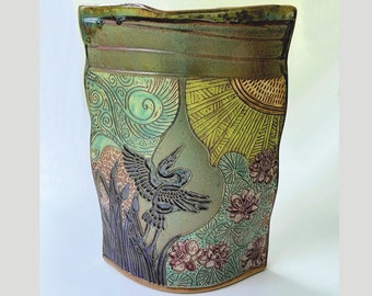 Heron Large Pottery Flower Vase Hand Made Clay Flower Holder