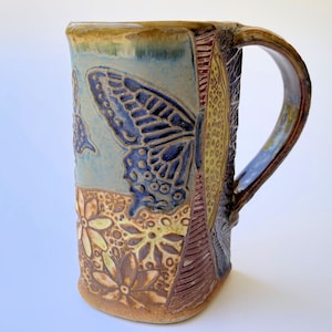 Butterfly Pottery Coffee Mug, Hand Made Microwave and Dishwasher safe 16 oz