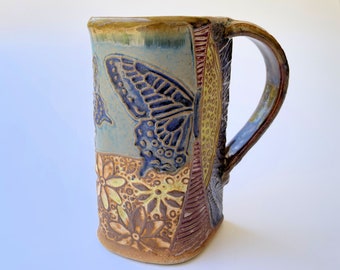 Butterfly Pottery Coffee Mug, Hand Made Microwave and Dishwasher safe 16 oz