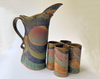 Abstract Design Pitcher Set with Four Cups Pottery Handmade Microwave and Dishwasher Safe