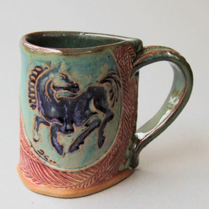 Horse Pottery Mug Coffee Cup Handmade Stoneware Tableware Microwave and Dishwasher Safe 12 oz