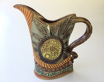 Pottery Pitcher Sun Design Hand Made Microwave and Dishwasher Safe