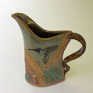 Hummingbird Pottery Pitcher Handmade Stoneware Functional Tableware Microwave and Dishwasher Safe Terricotta Clay with Textural Design 16 oz image 2